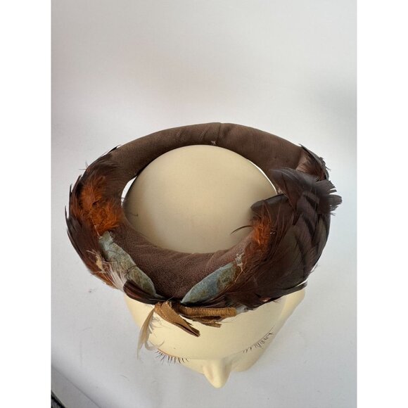 Vintage Feathered Fascinator Hat Brown & Beige Woven Design Womens Accessory Ele - Picture 6 of 14